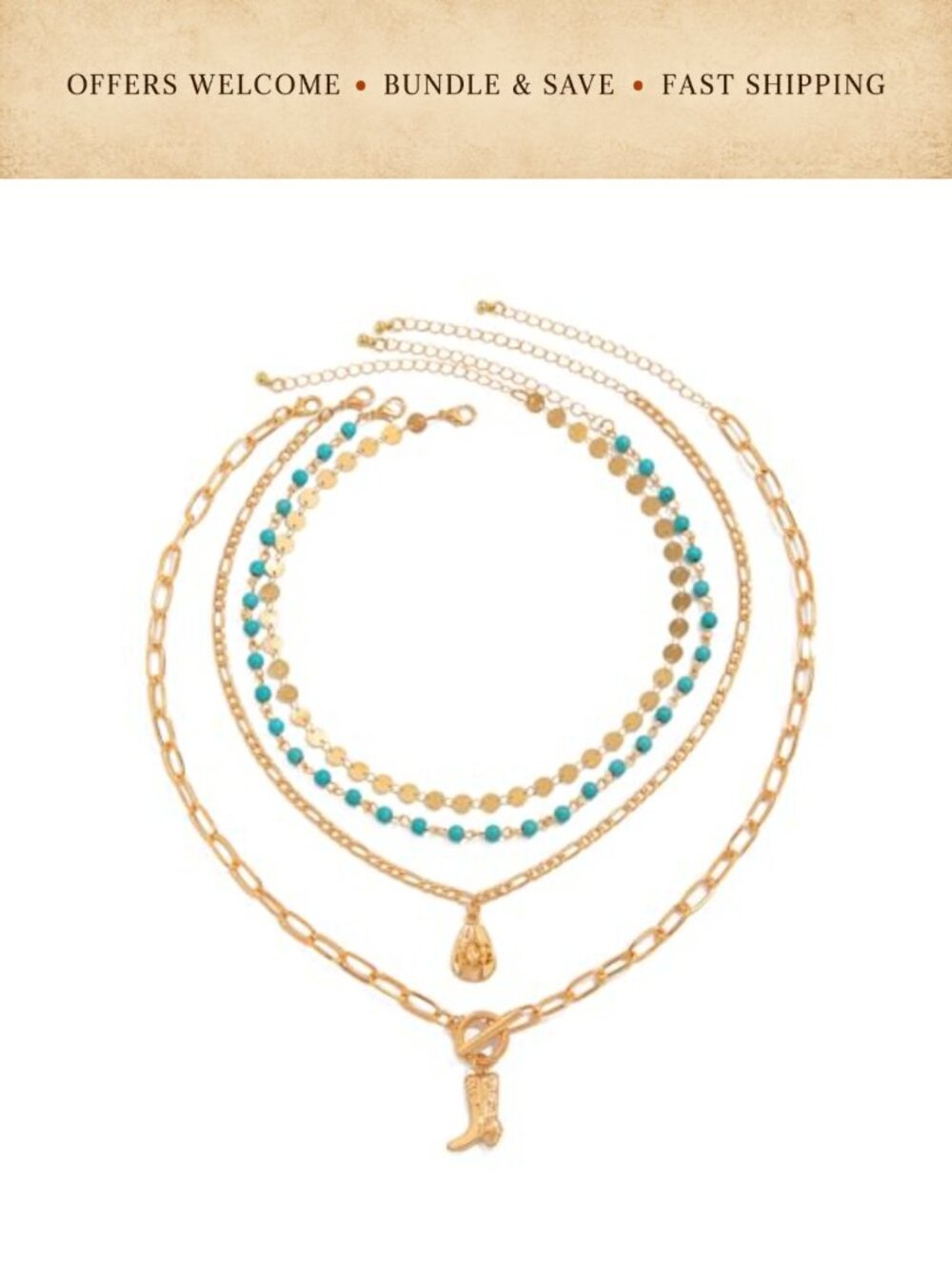 Turquoise Beaded Layered Necklace Western Cowgirl Pendant
